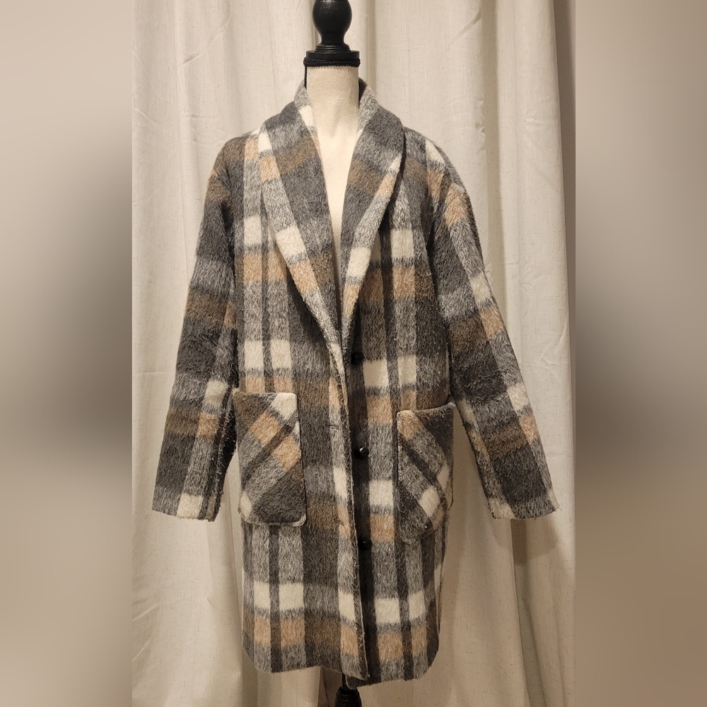Lucky Brand Plaid Teddy Jacket - Gray, White, Tan